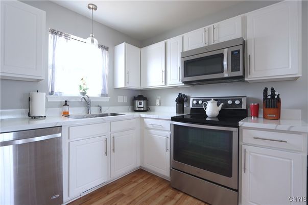 Interior, Kitchen, Pendant Lights, Stainless Steel Appliances, Wood Texture Flooring