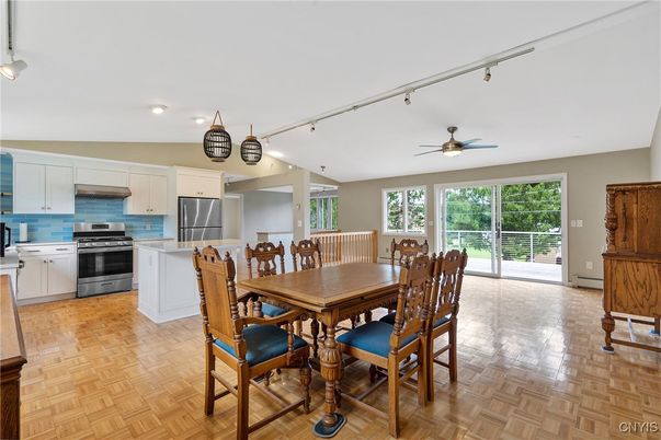 Dining room, Interior, Kitchen, Stainless Steel Appliances, Wood Texture Flooring