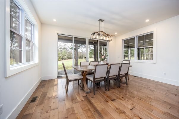 Dining room, Interior, Pendant Lights, Recessed Lighting, Wood Texture Flooring