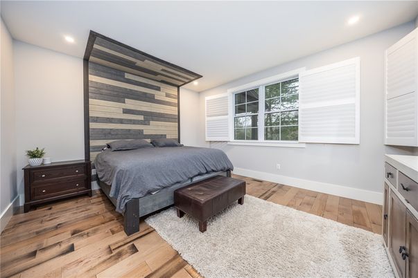 Bedroom, Interior, Recessed Lighting, Wood Texture Flooring, Wooden Walls