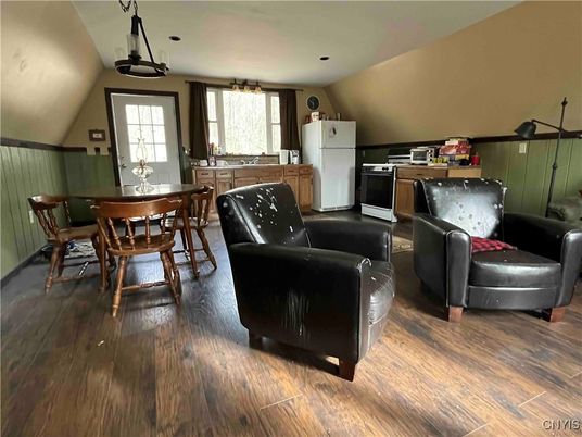 Dining room, Interior, Kitchen, Pendant Lights, Wood Texture Flooring