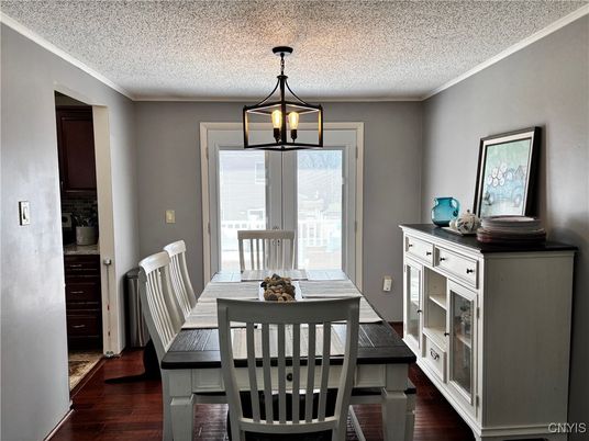 Dining room, Interior, Pendant Lights, Wood Texture Flooring