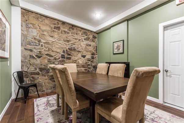Dining room, Interior, Recessed Lighting, Stone Walls, Wood Texture Flooring