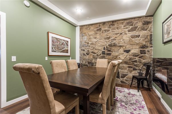 Dining room, Interior, Recessed Lighting, Stone Walls, Wood Texture Flooring