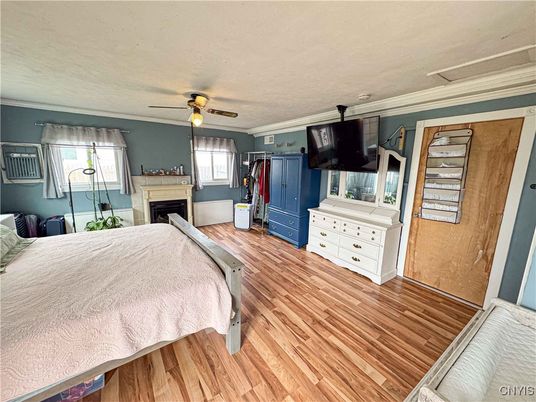 Bedroom, Fireplace, Interior, Wood Texture Flooring