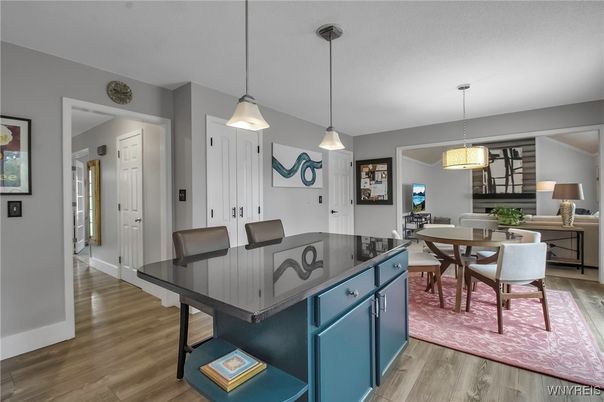 Dining room, Interior, Pendant Lights, Wood Texture Flooring