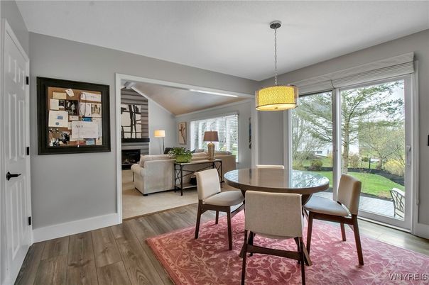 Dining room, Interior, Living room, Pendant Lights, Wood Texture Flooring