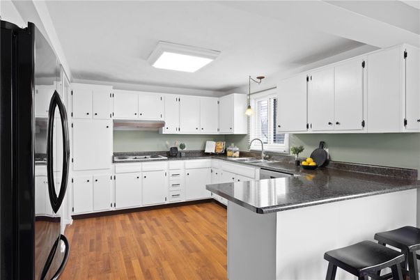 Interior, Kitchen, Pendant Lights, Stainless Steel Appliances, Wood Texture Flooring