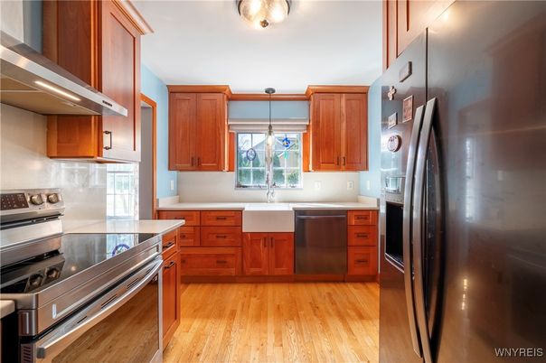 Interior, Kitchen, Pendant Lights, Stainless Steel Appliances, Wood Texture Flooring