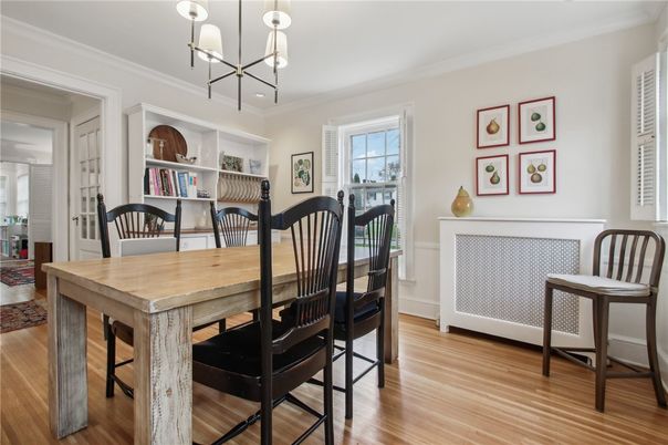 Dining room, Interior, Pendant Lights, Wood Texture Flooring