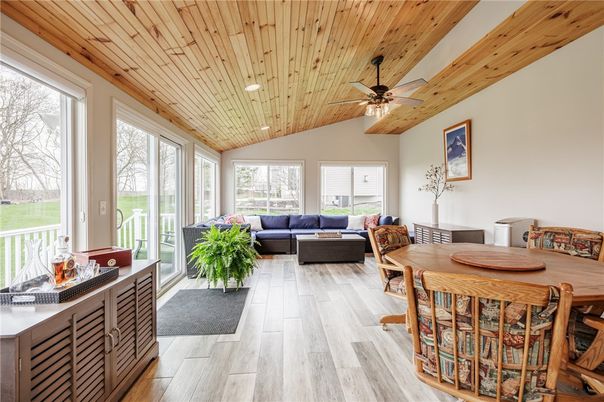 Dining room, Interior, Living room, Recessed Lighting, Wooden Ceilings, Wood Texture Flooring