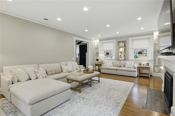 Fireplace, Interior, Living room, Recessed Lighting, Wood Texture Flooring