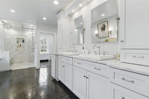 Bathroom, Dual Sink Vanities, Glass Shower, Interior, Marble Walls, Recessed Lighting