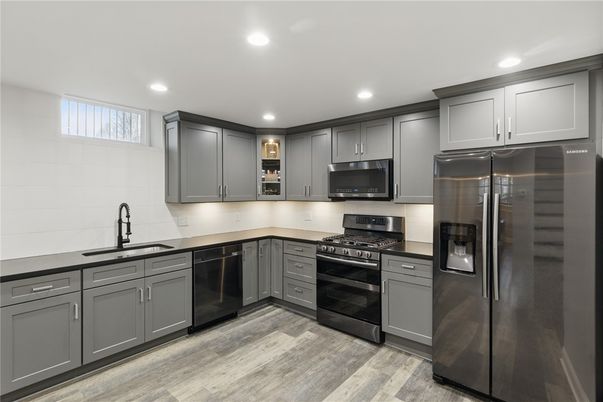 Interior, Kitchen, Recessed Lighting, Stainless Steel Appliances, Wood Texture Flooring