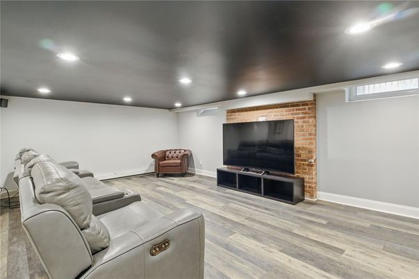 Interior, Living room, Recessed Lighting, Stone Walls, Wood Texture Flooring