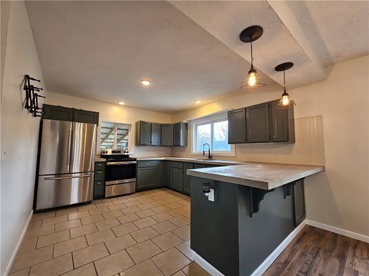 Interior, Kitchen, Pendant Lights, Recessed Lighting, Stainless Steel Appliances, Wood Texture Flooring