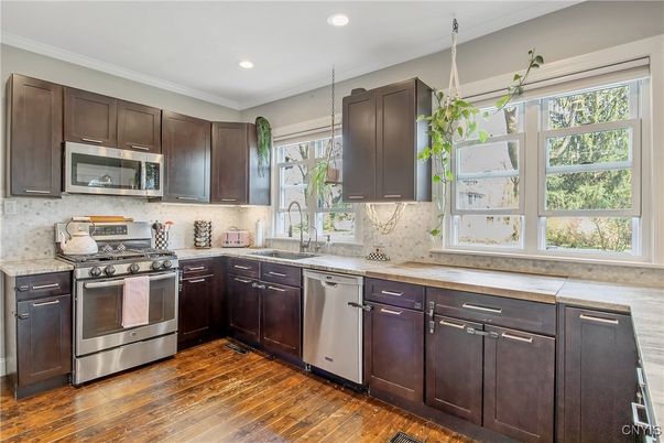 Interior, Kitchen, Recessed Lighting, Stainless Steel Appliances, Wood Texture Flooring
