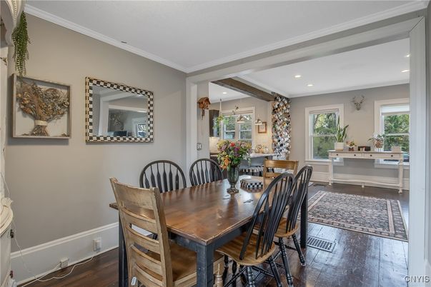 Dining room, Interior, Recessed Lighting, Wooden Beams, Wood Texture Flooring