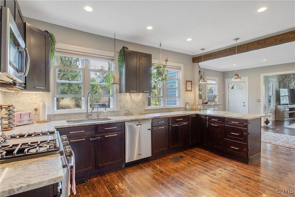 Interior, Kitchen, Pendant Lights, Recessed Lighting, Stainless Steel Appliances, Wooden Beams, Wood Texture Flooring