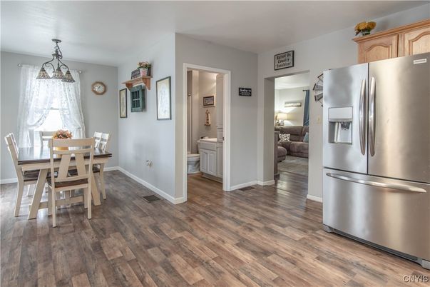 Dining room, Interior, Kitchen, Pendant Lights, Stainless Steel Appliances, Wood Texture Flooring