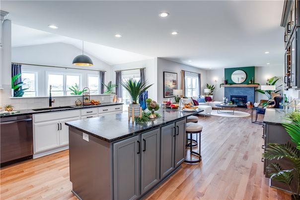 Fireplace, Interior, Kitchen, Living room, Pendant Lights, Recessed Lighting, Stainless Steel Appliances, Wood Texture Flooring
