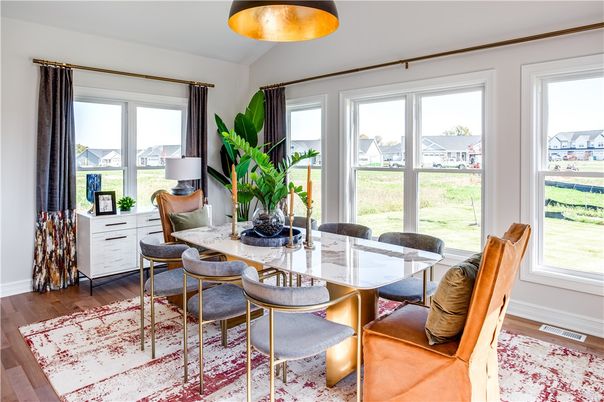 Dining room, Interior, Pendant Lights, Wood Texture Flooring