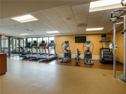 Fitness Equipment, Gym, Interior, Recessed Lighting, Wood Texture Flooring