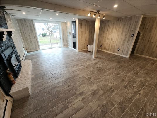 Empty room, Fireplace, Interior, Recessed Lighting, Wood Texture Flooring