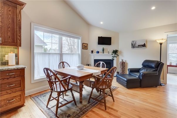 Dining room, Fireplace, Interior, Recessed Lighting, Wood Texture Flooring