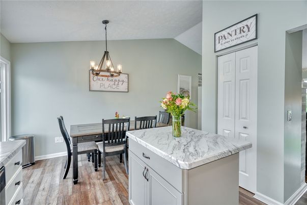 Dining room, Interior, Kitchen, Pendant Lights, Wood Texture Flooring