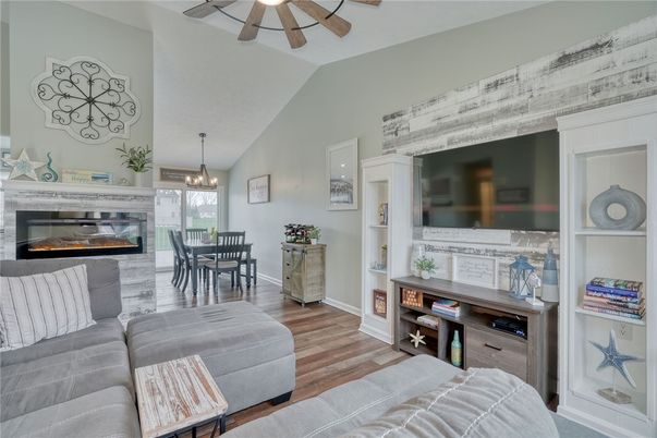 Dining room, Fireplace, Interior, Living room, Pendant Lights, Wood Texture Flooring