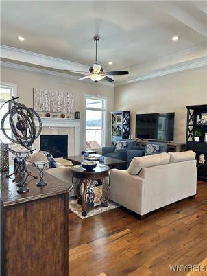 Fireplace, Interior, Living room, Recessed Lighting, Wood Texture Flooring
