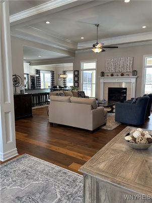 Chandelier, Dining room, Fireplace, Interior, Kitchen, Living room, Pendant Lights, Recessed Lighting, Wood Texture Flooring