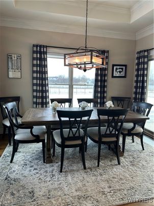 Dining room, Interior, Pendant Lights, Wood Texture Flooring