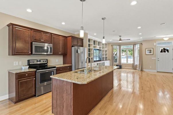 Interior, Kitchen, Pendant Lights, Recessed Lighting, Stainless Steel Appliances, Wood Texture Flooring