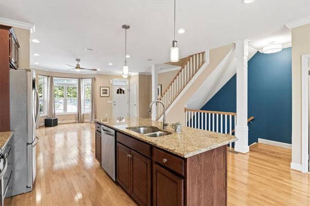 Interior, Kitchen, Pendant Lights, Recessed Lighting, Wood Texture Flooring