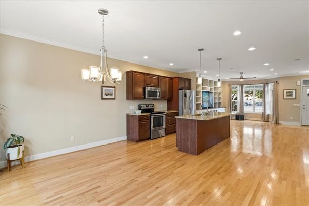 Chandelier, Interior, Kitchen, Pendant Lights, Recessed Lighting, Stainless Steel Appliances, Wood Texture Flooring