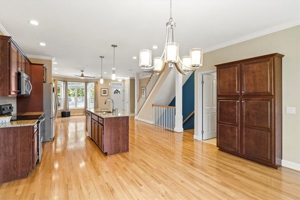 Interior, Kitchen, Pendant Lights, Recessed Lighting, Wood Texture Flooring