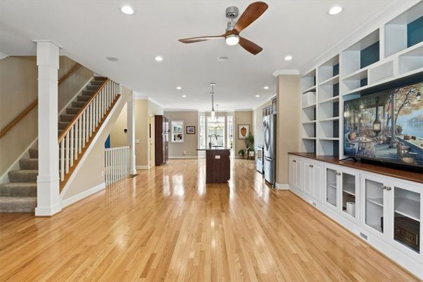 Fireplace, Interior, Pendant Lights, Recessed Lighting, Wood Texture Flooring