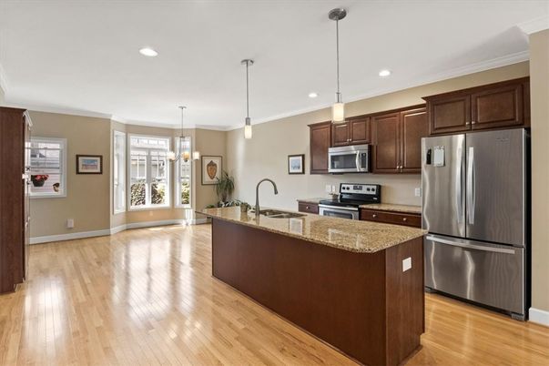 Interior, Kitchen, Pendant Lights, Recessed Lighting, Stainless Steel Appliances, Wood Texture Flooring