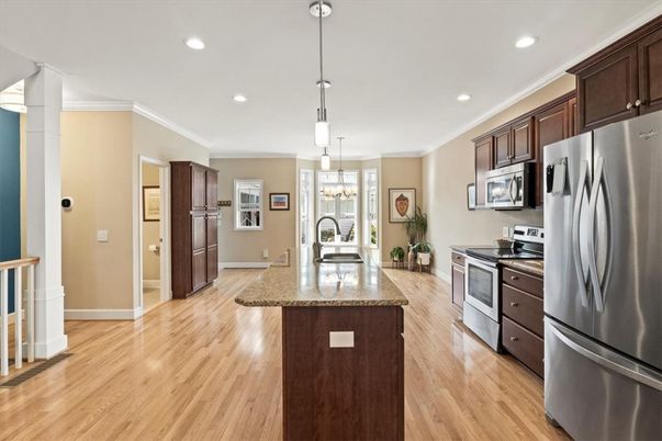 Chandelier, Interior, Kitchen, Pendant Lights, Recessed Lighting, Stainless Steel Appliances, Wood Texture Flooring