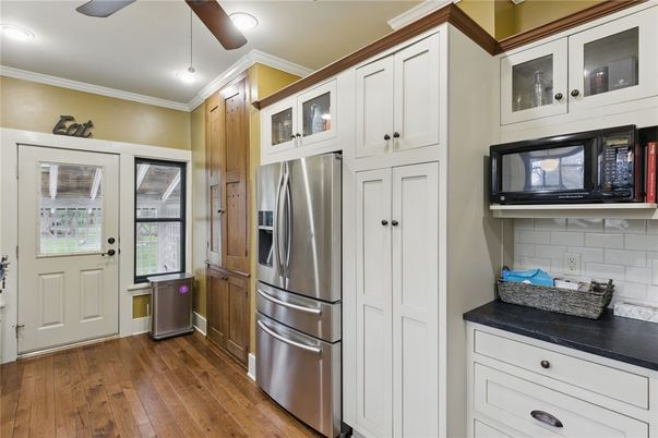 Interior, Kitchen, Recessed Lighting, Stainless Steel Appliances, Wood Texture Flooring