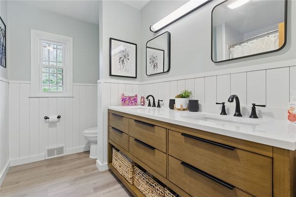 Bathroom, Dual Sink Vanities, Interior, Wood Texture Flooring