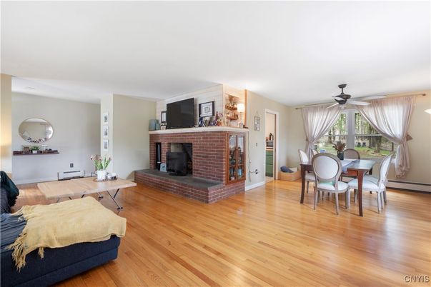Dining room, Fireplace, Interior, Wood Texture Flooring