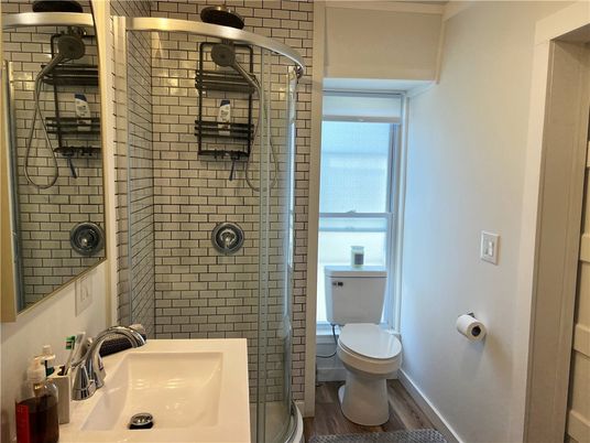 Bathroom, Glass Shower, Interior, Wood Texture Flooring