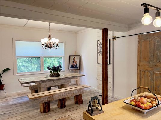 Chandelier, Dining room, Interior, Wood Texture Flooring