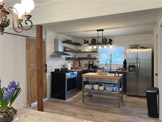 Interior, Kitchen, Pendant Lights, Stainless Steel Appliances, Wood Texture Flooring