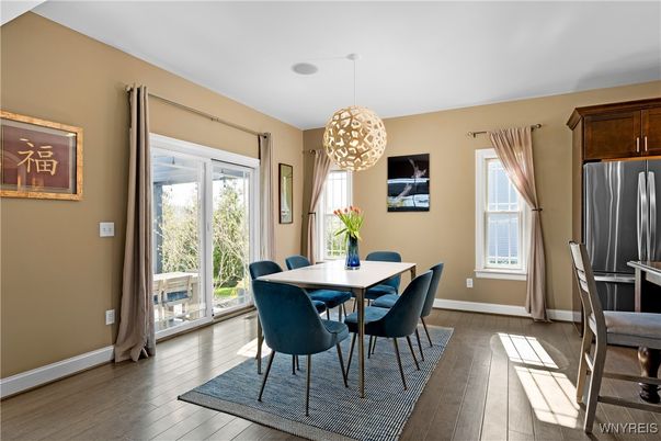 Dining room, Interior, Pendant Lights, Wood Texture Flooring