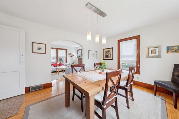 Dining room, Interior, Living room, Pendant Lights, Wood Texture Flooring