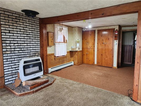 Empty room, Fireplace, Interior, Pendant Lights, Stone Walls, Wooden Walls